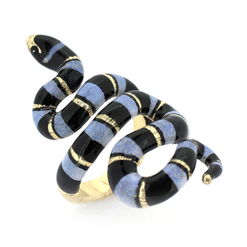 Stunning blue sea snake ring featuring a black stripe, perfect for animal lovers.