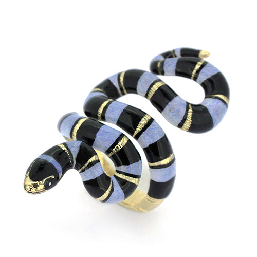 Handcrafted blue sea snake ring featuring a black stripe, perfect for unique jewelry lovers.