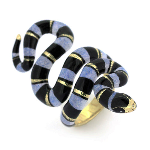 Unique blue sea snake ring featuring a black stripe and gold accent.