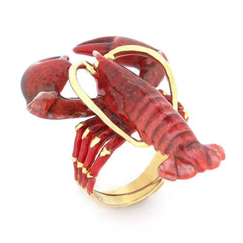 Beautifully crafted lobster ring featuring a vivid red lobster design with gold accents.