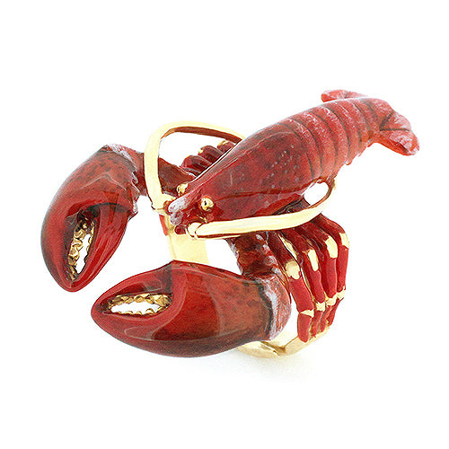 Handcrafted lobster ring featuring a vivid red lobster design with gold accents.