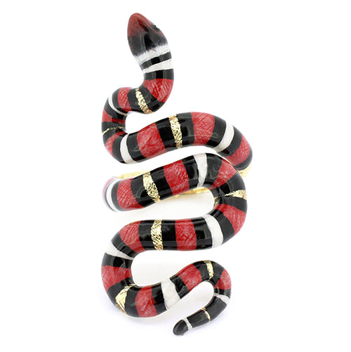 Vibrant red milk snake ring featuring black and white stripes, perfect for animal lovers.