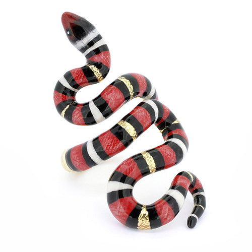 Vibrant red milk snake ring featuring black and white stripes, perfect for animal lovers.