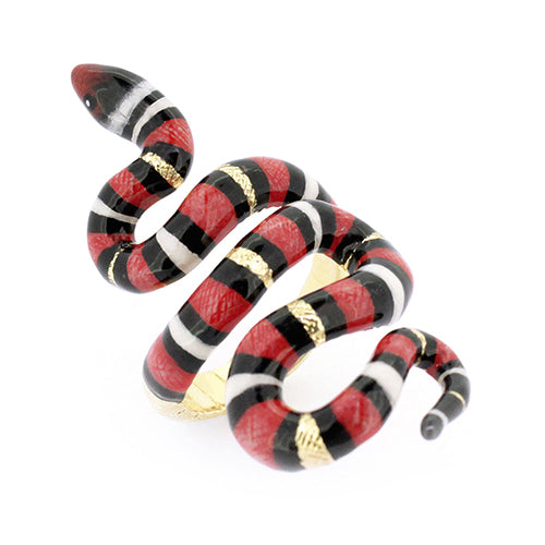 Beautiful red milk snake ring featuring black and white stripes, perfect for animal lovers.