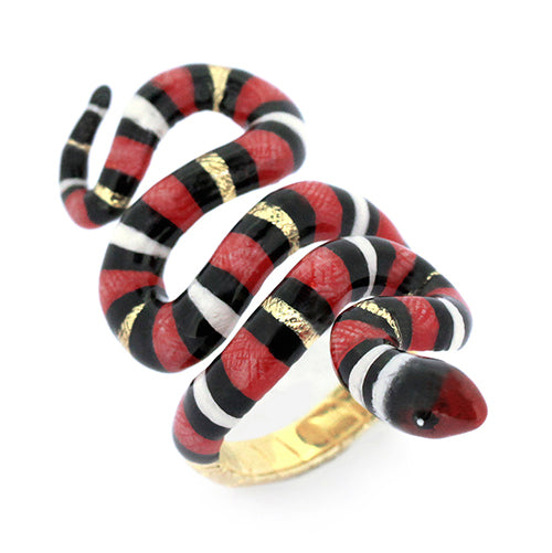 Handcrafted red milk snake ring featuring black and white stripes.