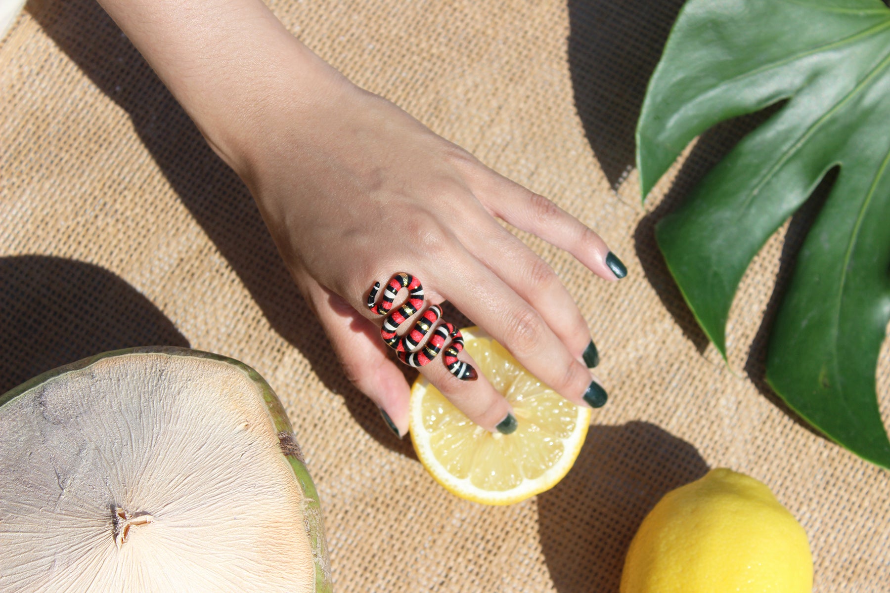 Handcrafted red milk snake ring featuring black and white stripes worn on a person's hand holding a lemon.