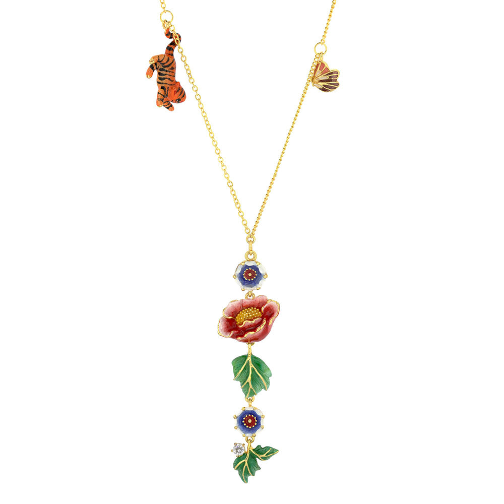 Beautifully crafted necklace featuring floral and animal motifs, including a flower, blue flowers, and a tiger charm.