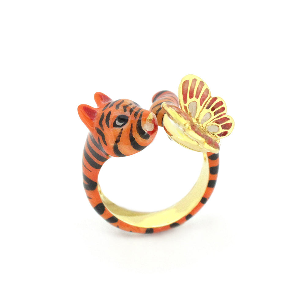 Handccrafted tiger-shaped ring adorned with a butterfly and floral elements.