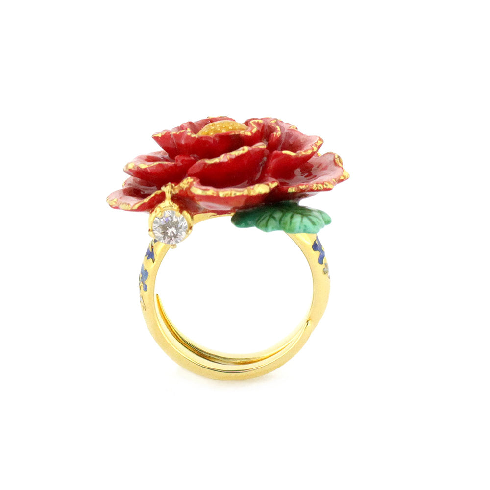 Handmade gold ring featuring a red flower design with intricate petals, a green leaf, and a small diamond accent, perfect for flower lovers.