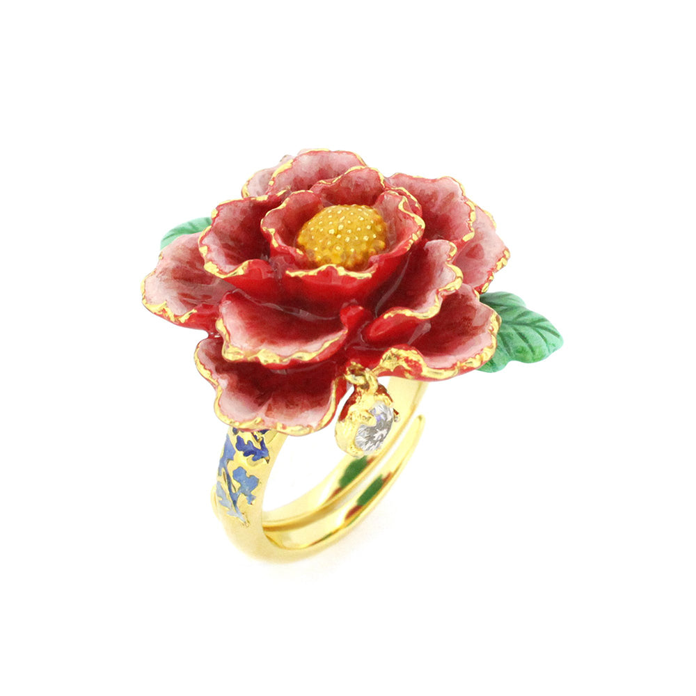 Handmade gold ring featuring a red flower design with intricate petals, a green leaf, and a small diamond accent, perfect for flower lovers.