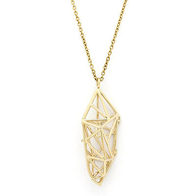 A gold locket necklace featuring a geometric, open lattice design.