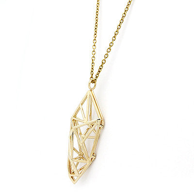 Stylish gold locket necklace featuring a geometric, open lattice design.