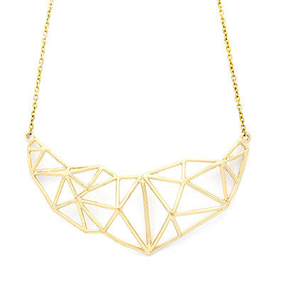 Gold geometric necklace with a triangular pattern.