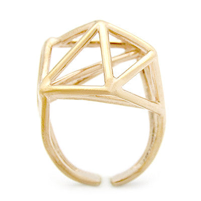 Gold geometric necklace with a triangular pattern.