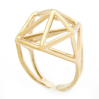 Gold geometric necklace with a triangular pattern.