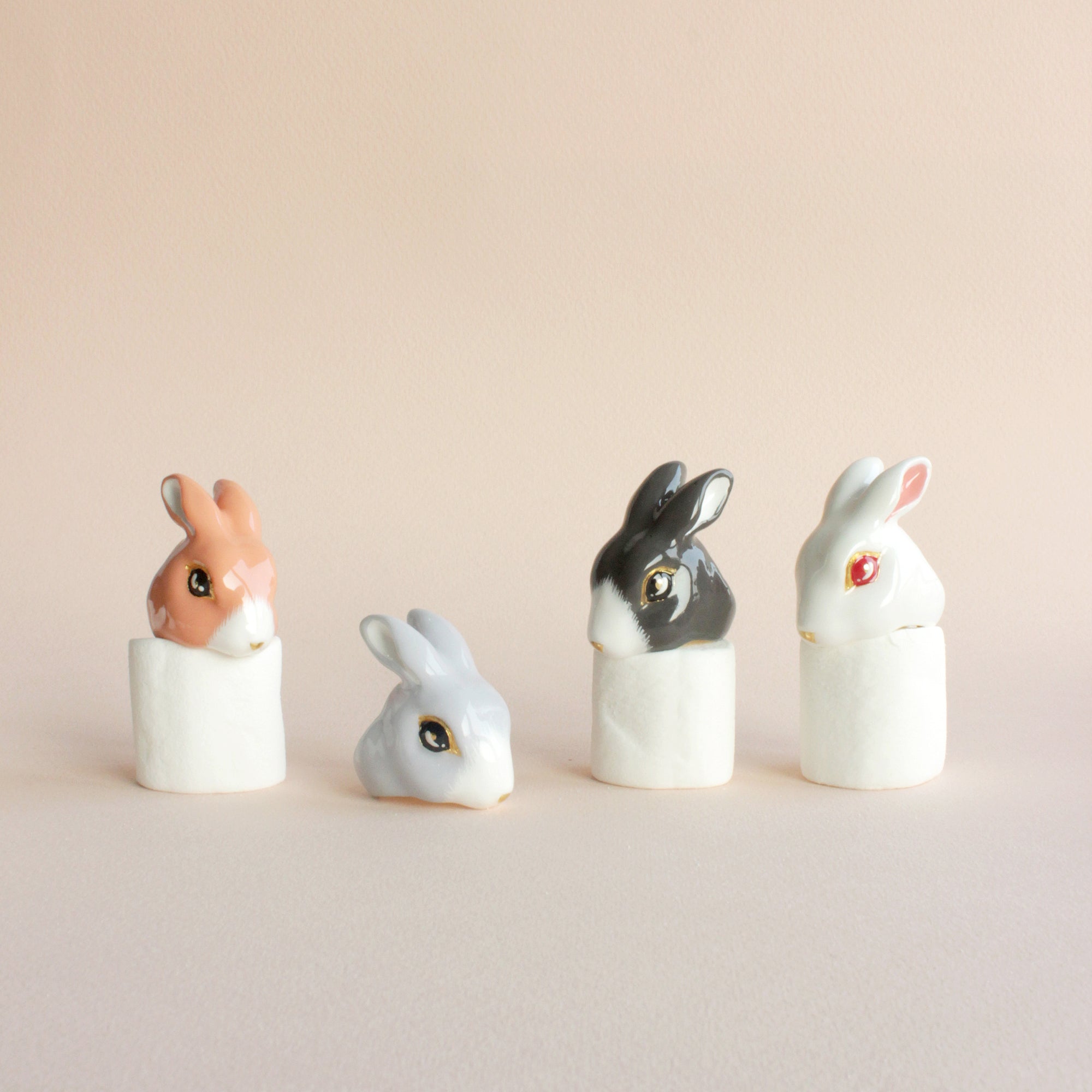 Charming pastel bunny rings display on marshmallow