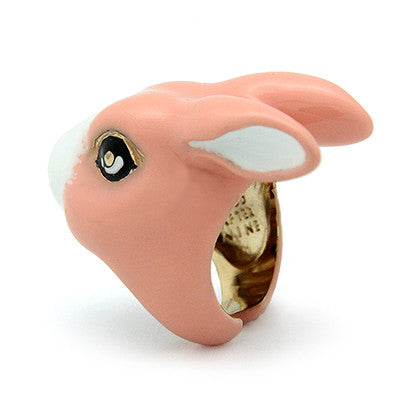 A cute ring of an orange pink bunny with large, expressive eyes, perfect for animal lovers.