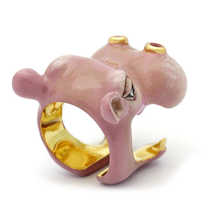 Charming pink hippo ring with detailed features, perfect for animal lovers.