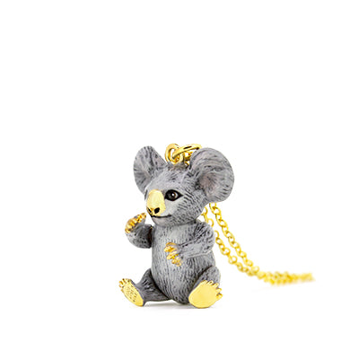 A cute grey koala pendant necklace with large ears and a gold nose, perfect for animal lovers.