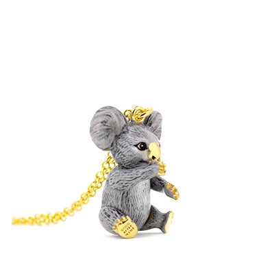 A cute grey koala pendant necklace with large ears and a gold nose, perfect for animal lovers.