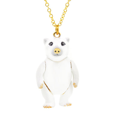 White bear pendant on a gold chain, featuring a cute design with black eyes and a gold nose.