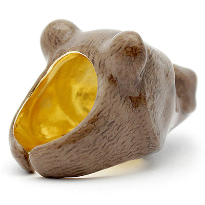 Bear-shaped ring with detailed facial features, including a gold nose and expressive eyes.