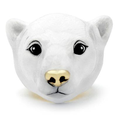 White bear ring featuring a cute design with black eyes and a gold nose.