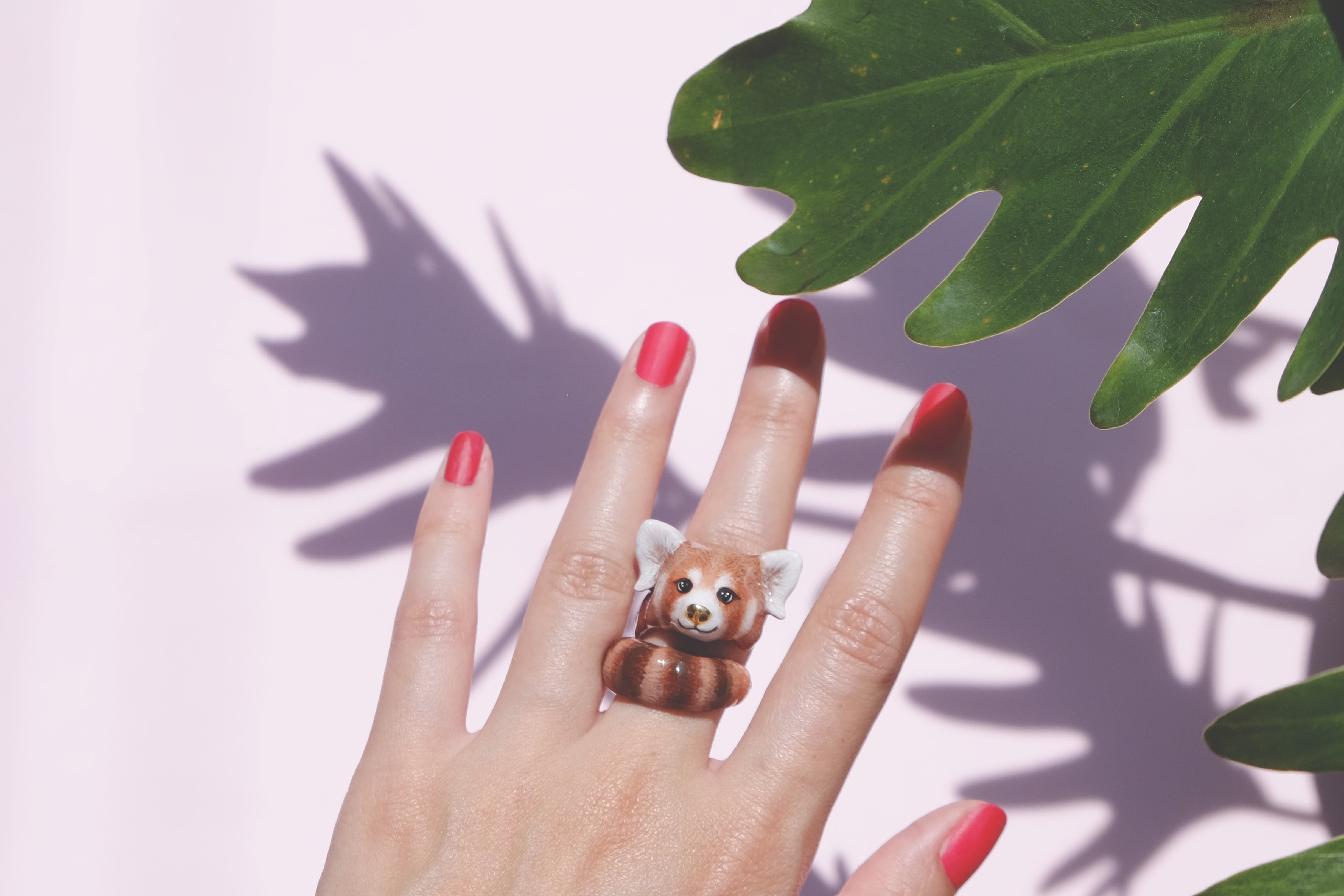 Close-up of a hand with red nails polish showcasing a charming red panda ring next to the green leaves.