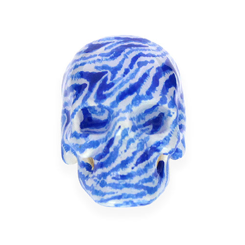 Hand-painted skull ring featuring a unique zebra pattern in blue and white.