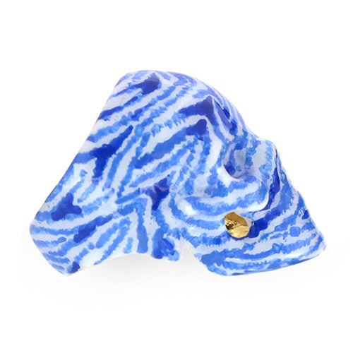 Hand-painted skull ring featuring a unique zebra pattern in blue and white.