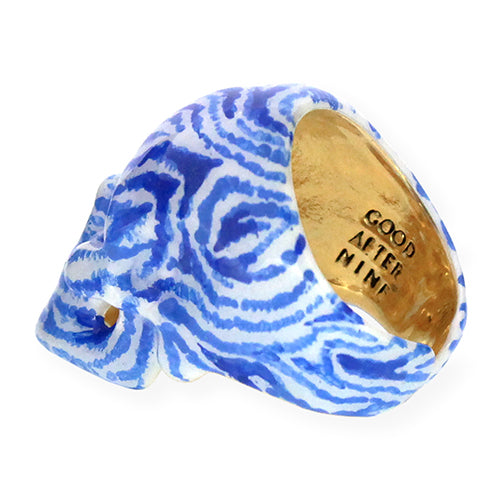 Hand-painted skull ring featuring a unique zebra pattern in blue and white.