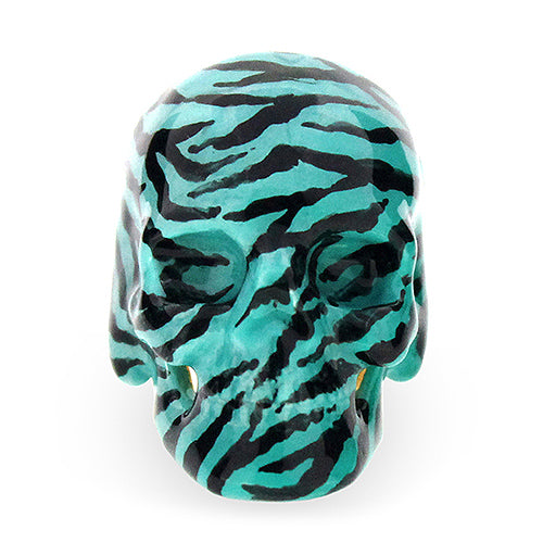 Unique zebra-patterned skull ring in turquoise and black.