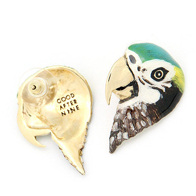 Hand-painted macaw earrings with a colorful and whimsical design.