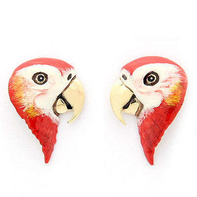 Hand-painted macaw earrings with a colorful and whimsical design.