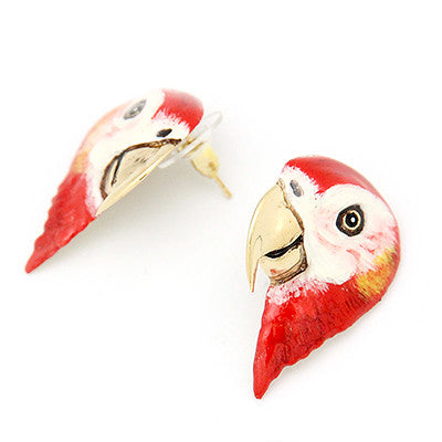 Hand-painted macaw earrings with a colorful and whimsical design.