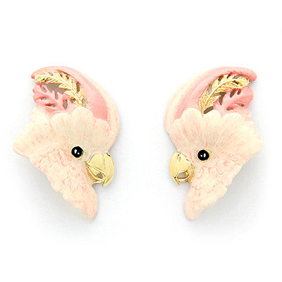 Pink and cream bird earrings featuring cockatoo's head design with intricate details.