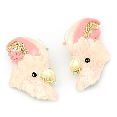 Pink and cream bird earrings featuring cockatoo's head design with intricate details, perfect for animal lovers.