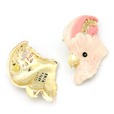 Pink and cream bird earrings featuring cockatoo's head design with intricate details, perfect for animal lovers.