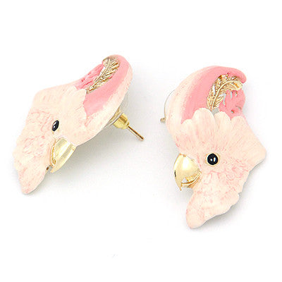 Pink and cream bird earrings featuring cockatoo's head design with intricate details, perfect for animal lovers.