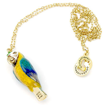 Beautifully crafted hand-painted blue macaw whistle necklace.