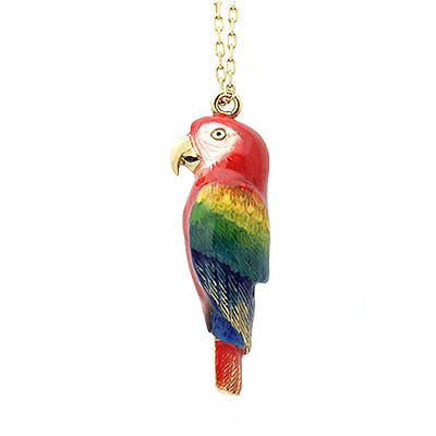 Beautifully crafted hand-painted red macaw whistle necklace, perfect for bird lovers.