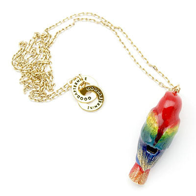 Beautifully crafted hand-painted red macaw whistle necklace.