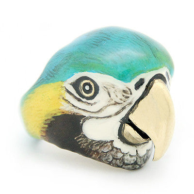 Handcrafted ring featuring a colorful parrot.