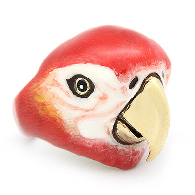 Handcrafted ring featuring a colorful parrot, perfect for animal lovers.