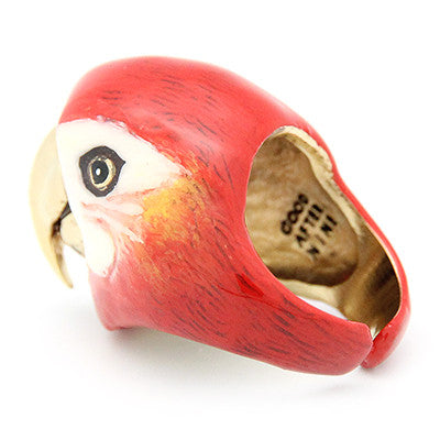 Nature-inspired ring featuring a red macaw, perfect for animal lovers.