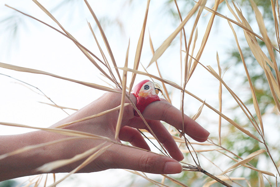 Closeup of a hand with adorable bird ring in natural scene.