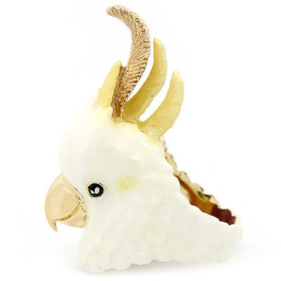 Adorable cockatoo ring with yellow and white detailing, perfect for bird lovers.