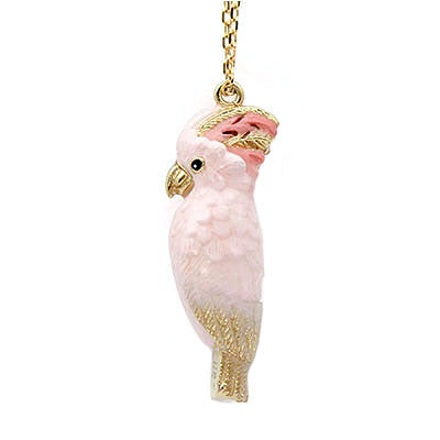 Charming cockatoo-shaped whistle necklace with a gold chain.

