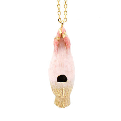 Handcrafted cockatoo-shaped whistle necklace with a gold chain.