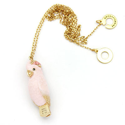 Handcrafted cockatoo-shaped whistle necklace with a gold chain, perfect for animal lovers.